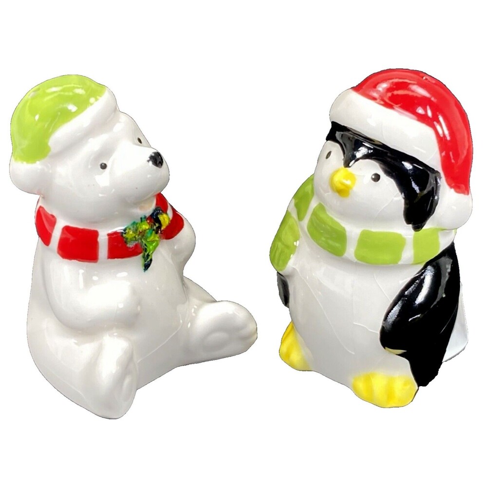Penguin Polar Bear Salt and Pepper Shakers NEW Ceramic 3 in Christmas Hat Scarf